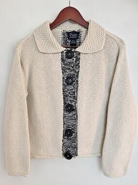 Pure Handknit XS/S Cream Cotton Cardigan Handmade Chunky Knit Coastal Boho...